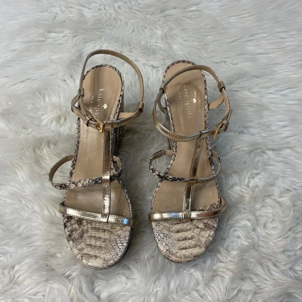Kate Spade Venezia Heels 7.5 Tan Snake Print Strappy Platform Open Toe Italy